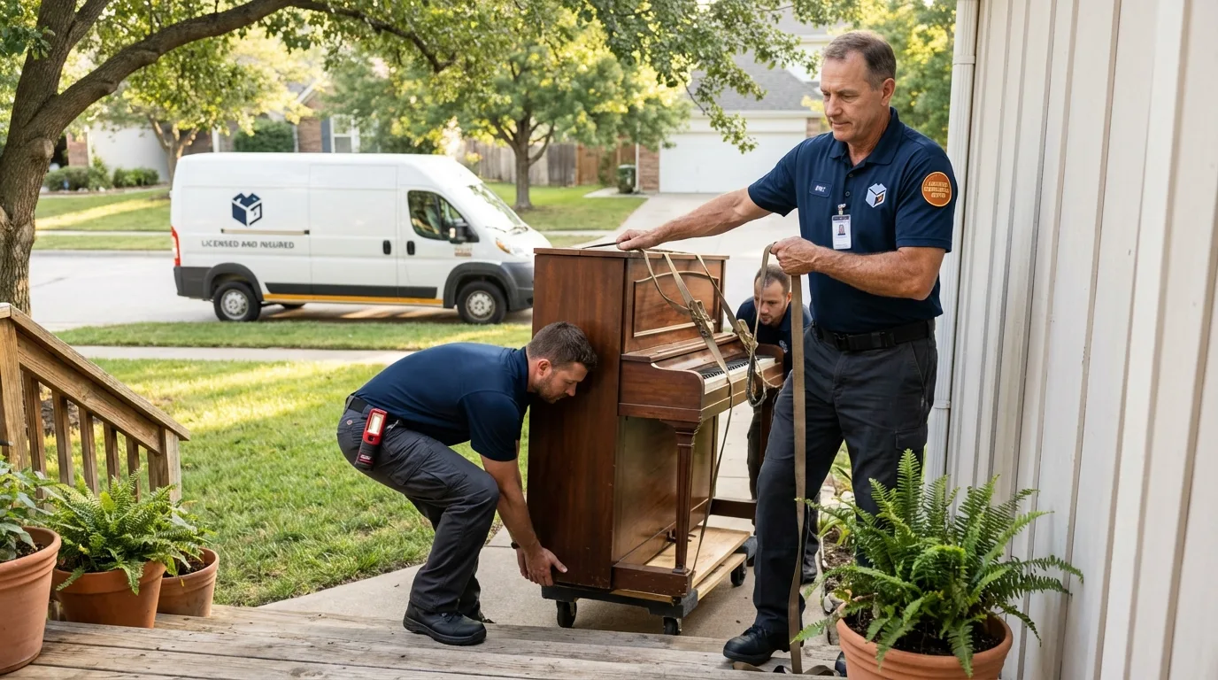 Licensed piano movers securing grand piano in Saint Helena, CA