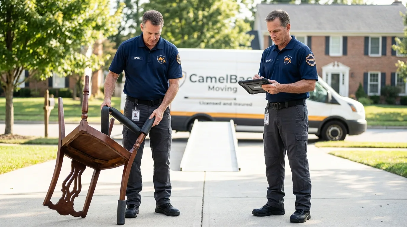 Movers inspecting furniture for damage prevention before loading in Saint Helena, CA